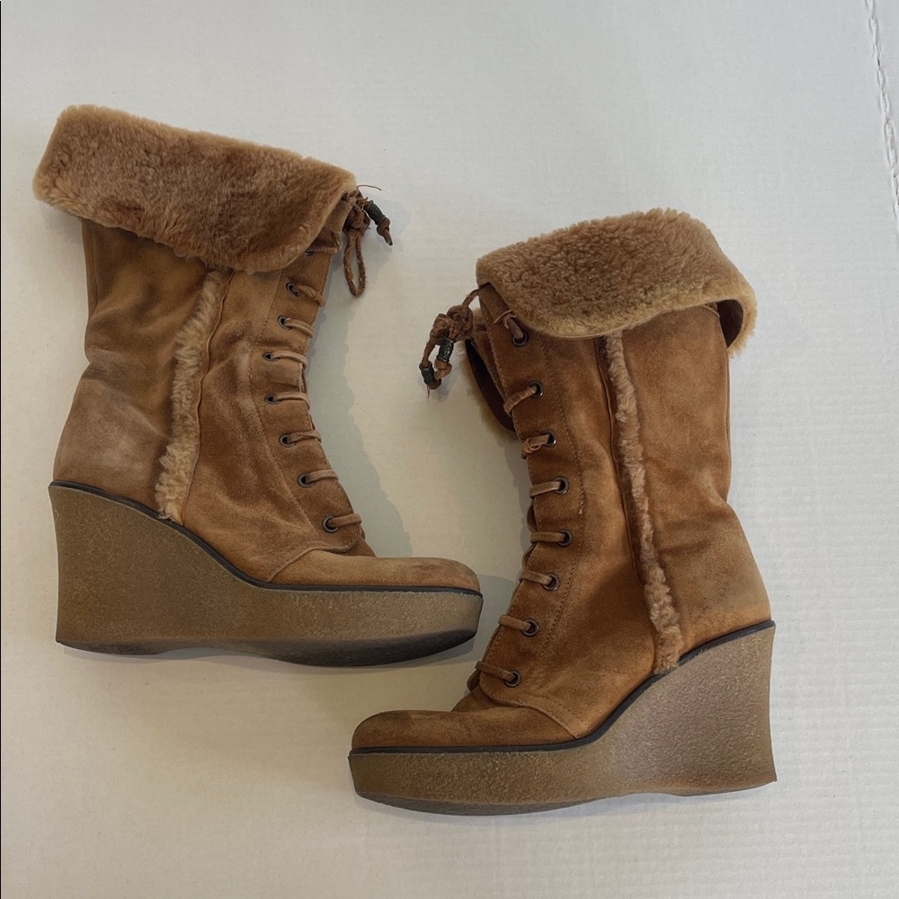 Via Spiga Light Brown Suede Shearling Lined Pull On Wedge Boots Size 6